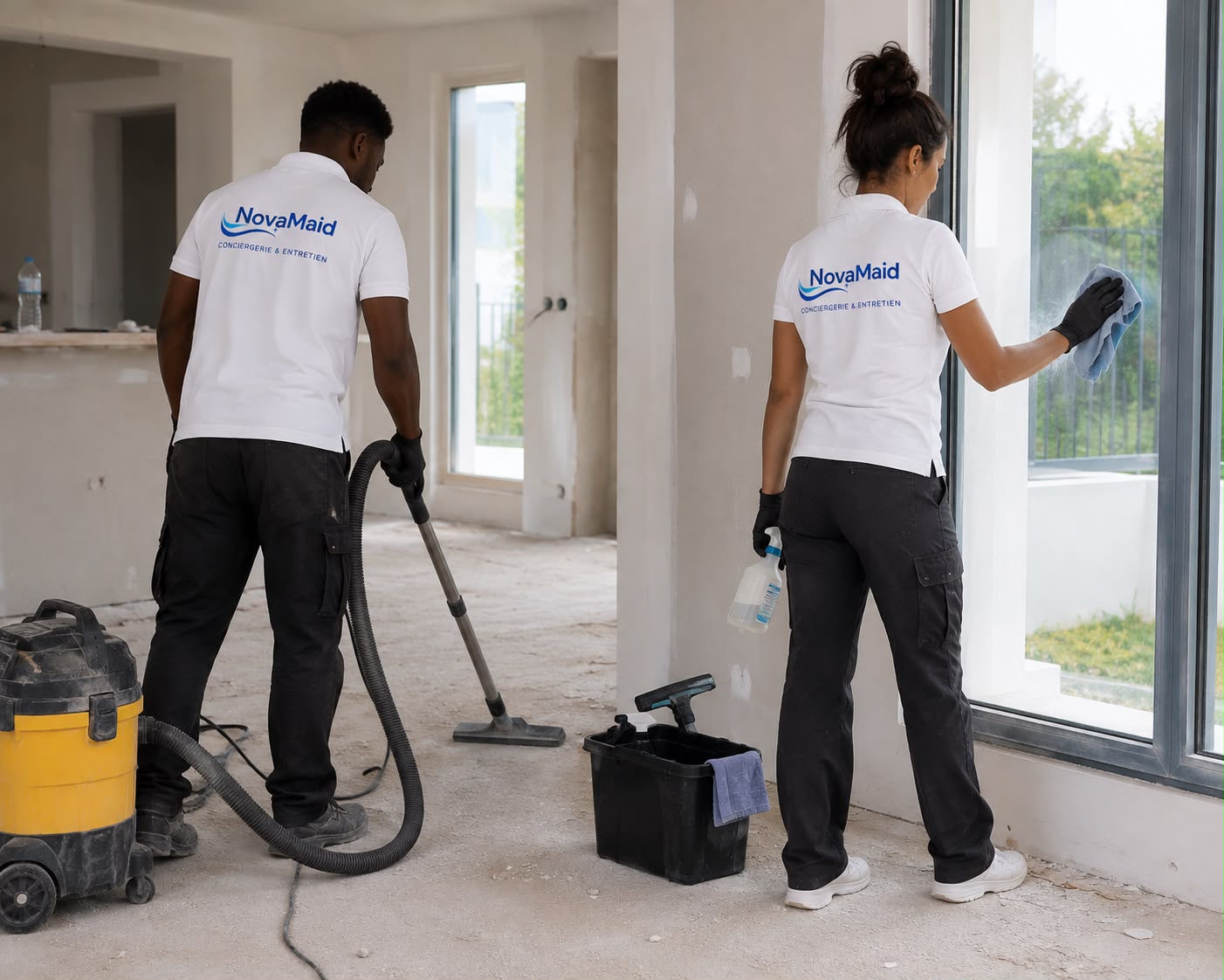 Équipe NovaMaid réalisant un nettoyage de fin de chantier